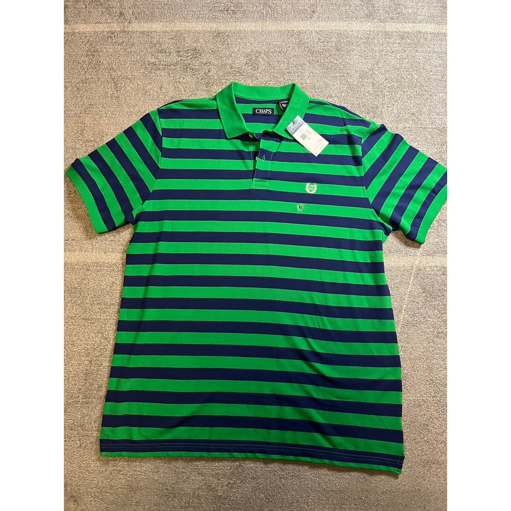 Chaps Mens XL Green Navy Blue Striped‎ Cotton Short Sleeve Polo Shirt NWT Preppy